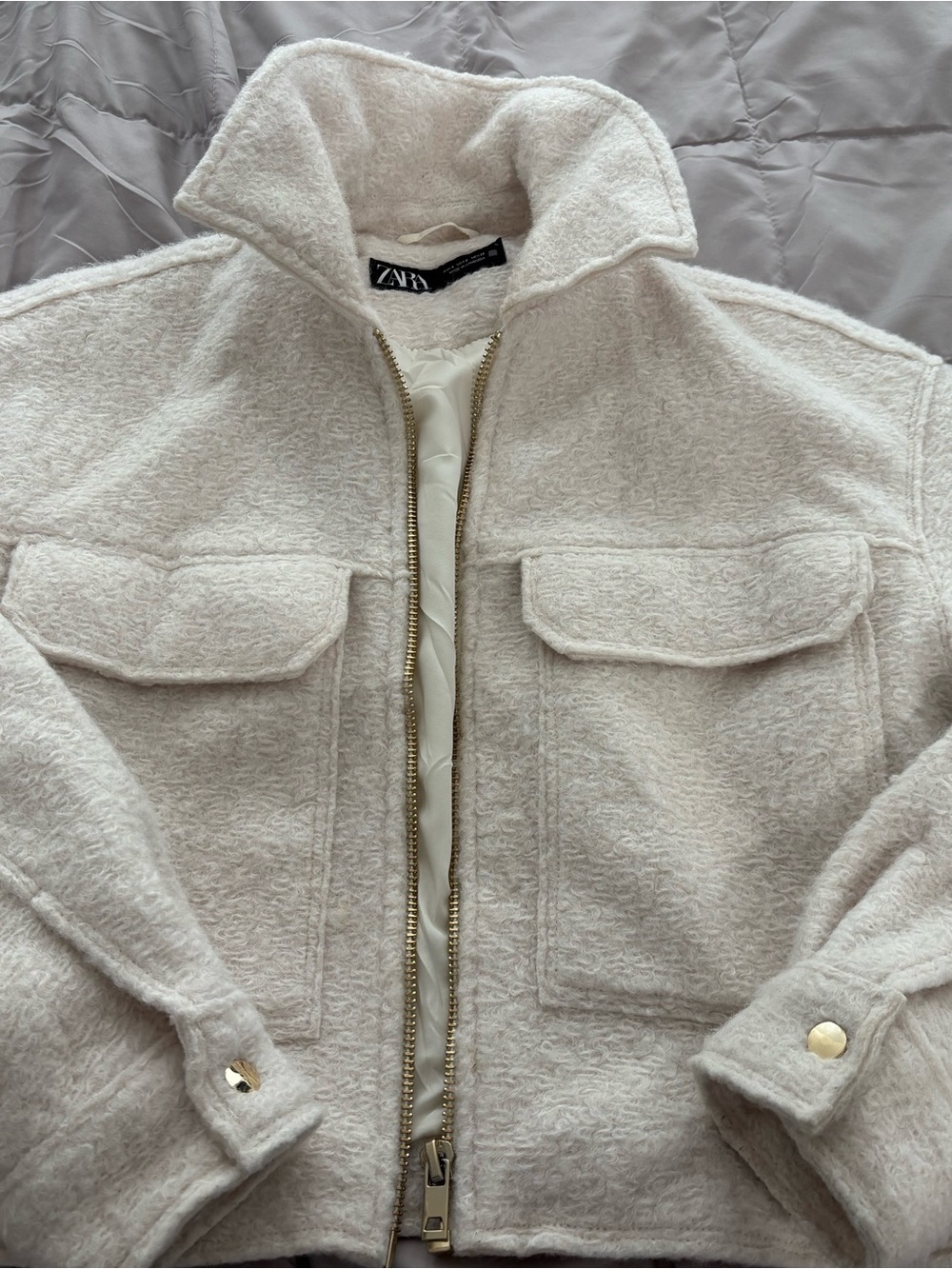 Zara Cream Bouclé Zip Front Jacket
